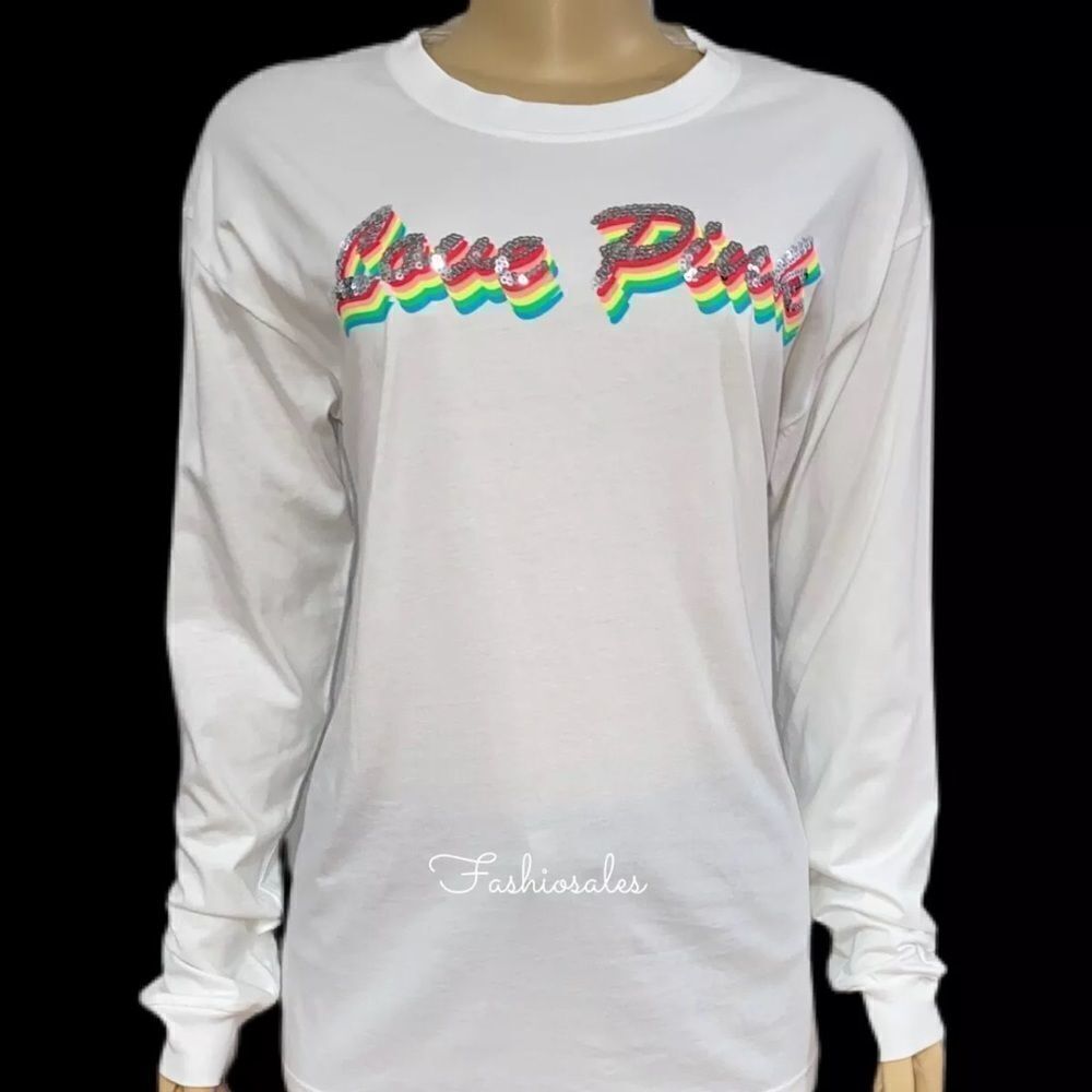 Victoria’s Secret Pink bling sequins long sleeve oversized Crew tee top white